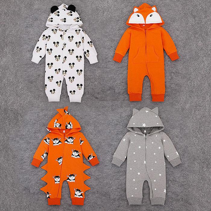 Baby Hooded Cartoon Rompers with Lovely Ears Zipper Boys Girls Jumpsuits Long Sleeve Pure Cotton Spring Autumn 12-24M